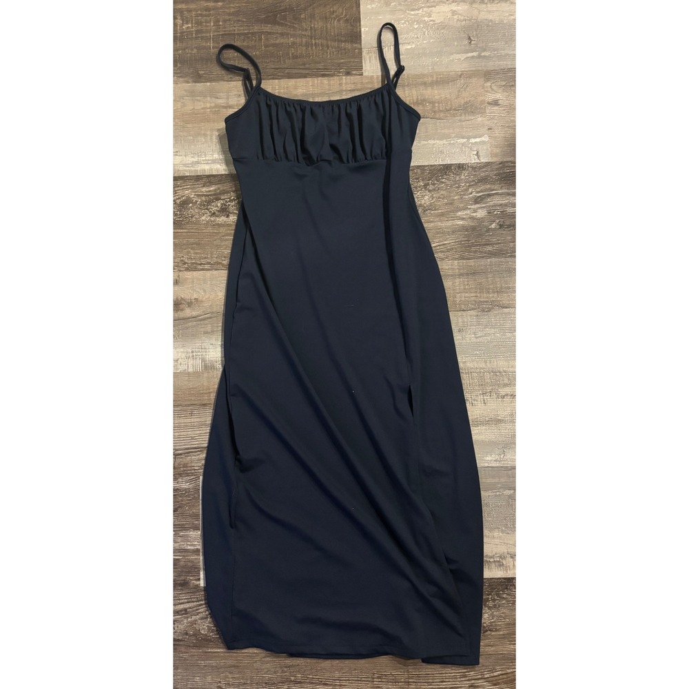 SHEIN Womens Black Maxi Dress Adjustable Spaghetti Strap Gathered Bust Slit L